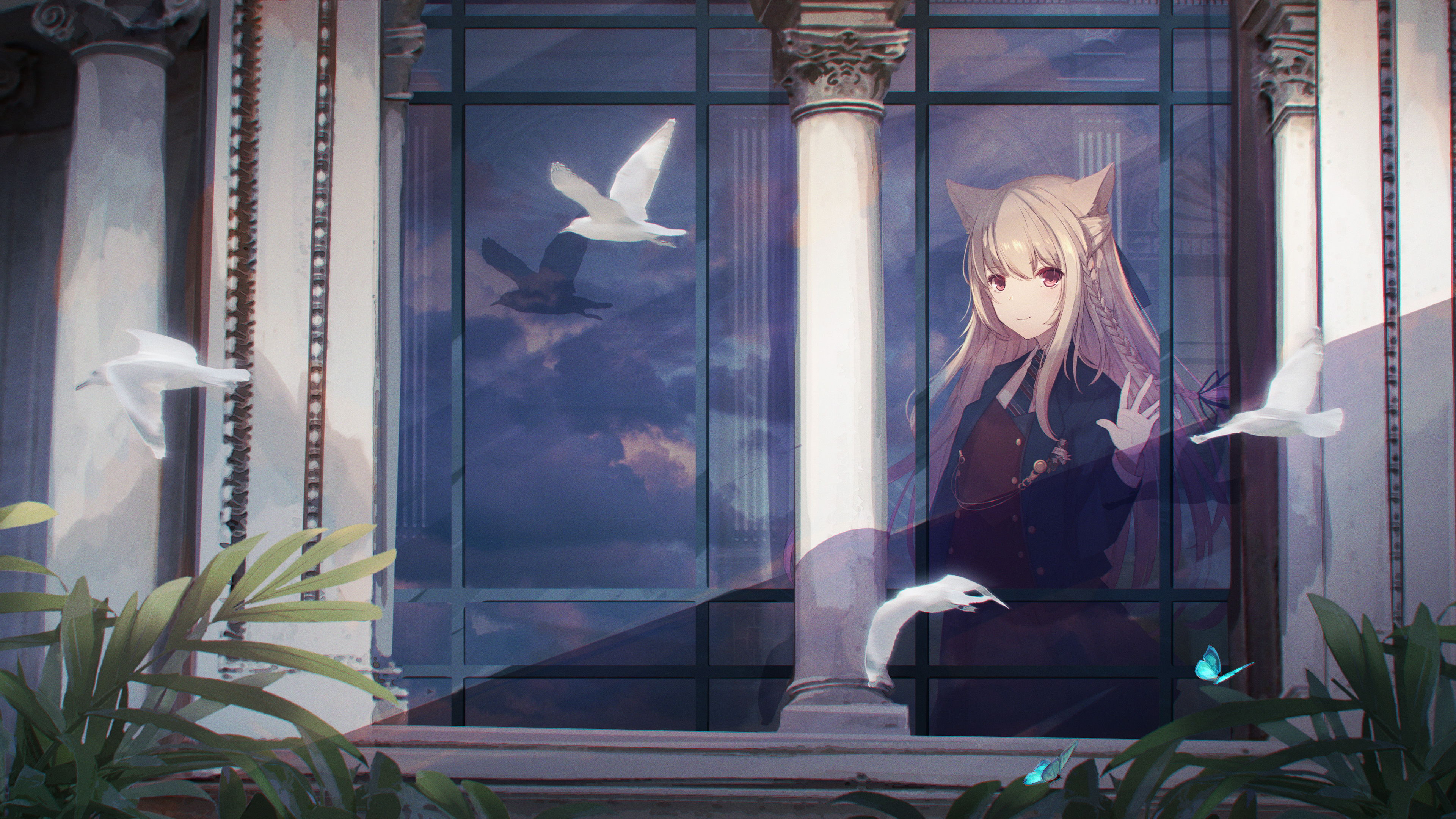 猫耳女孩白色羽毛4k动漫壁纸3840x2160