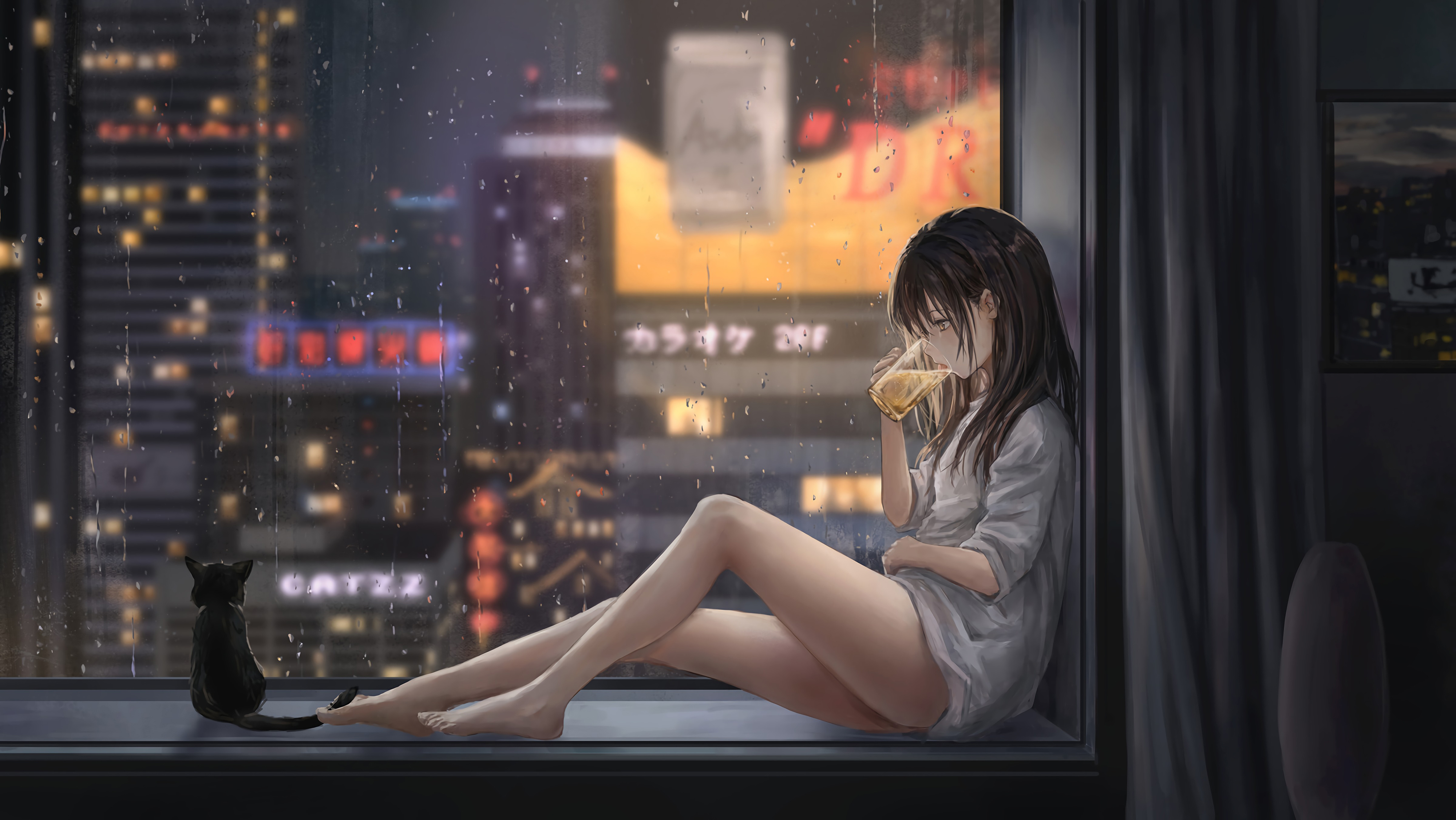 窗边女孩啤酒雨夜4k动漫壁纸4000x2253