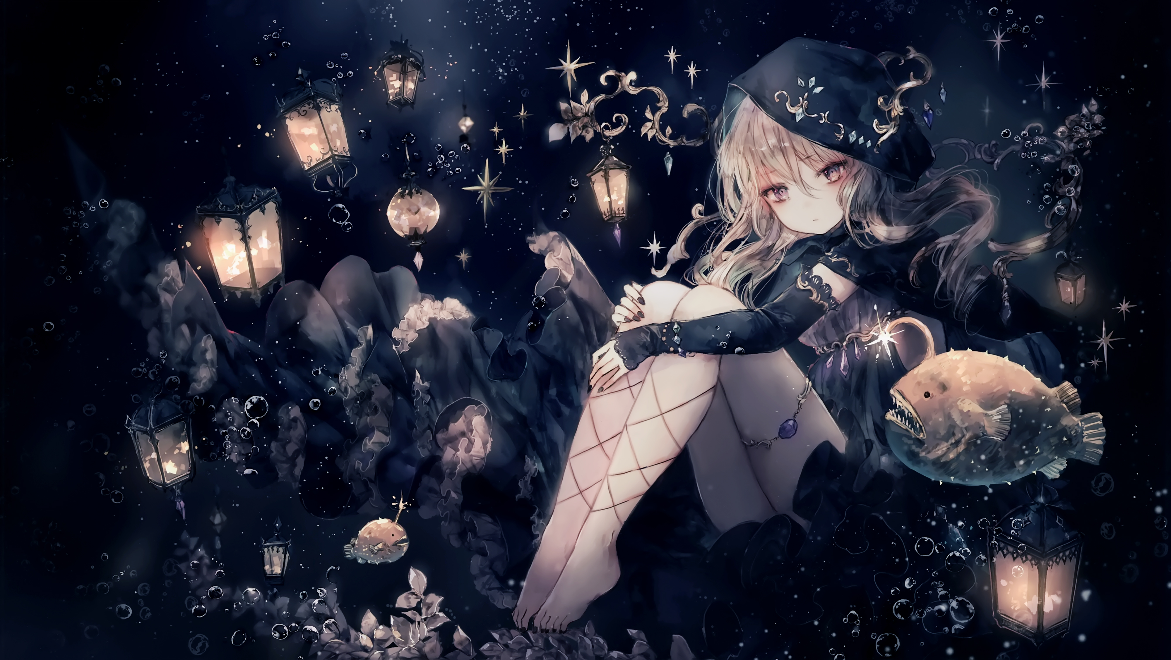 水下灯鱼少女4k动漫壁纸4000x2256