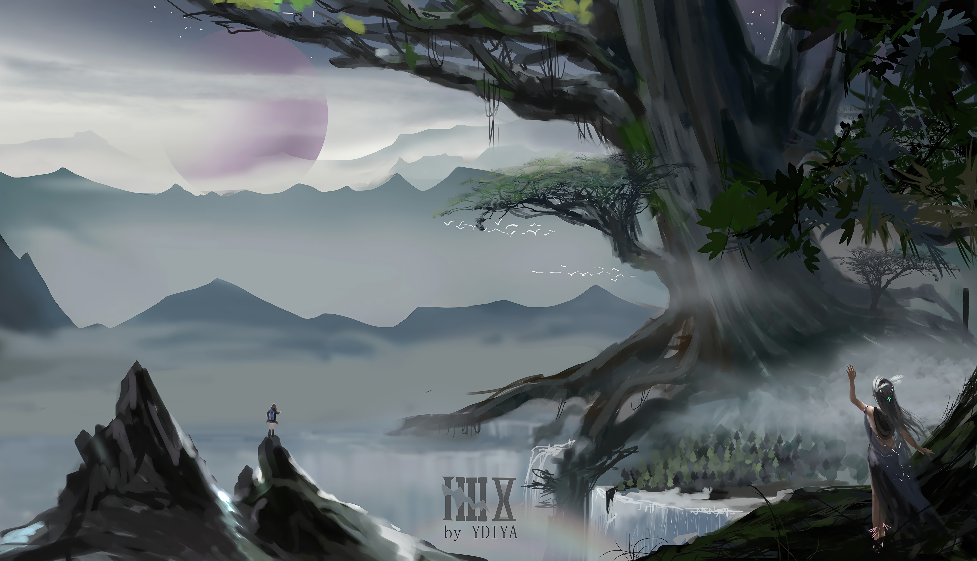 山水女孩背影唯美4k插画壁纸4000x2297