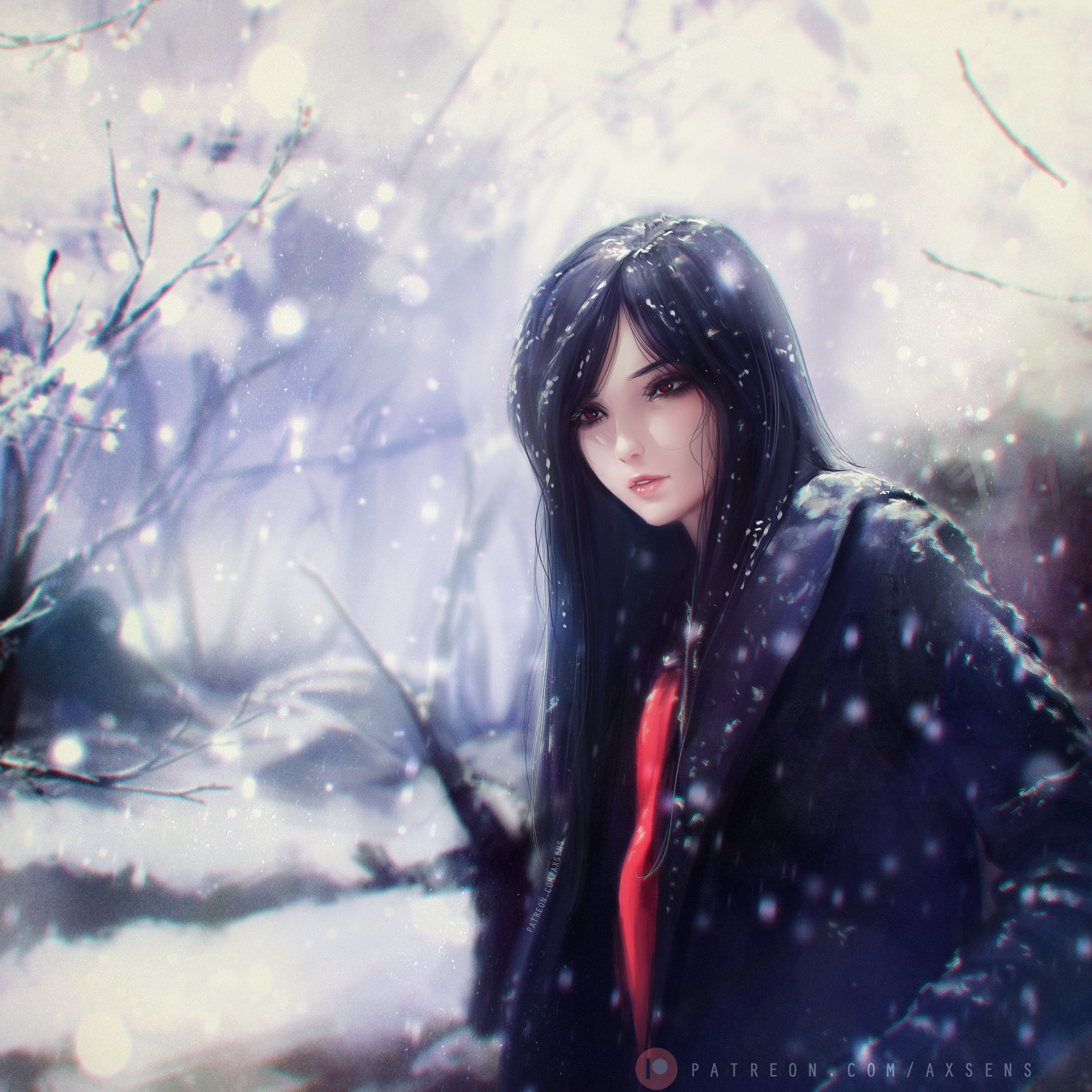 降雪长髮女孩唯美4k动漫壁纸4000x4000